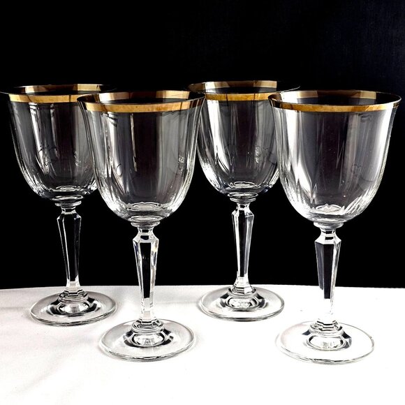 Crown Crystal Cape Cod Gold Rim Goblets 7.5" optic 24% leaded glasses 1970s 4pc - Picture 1 of 9